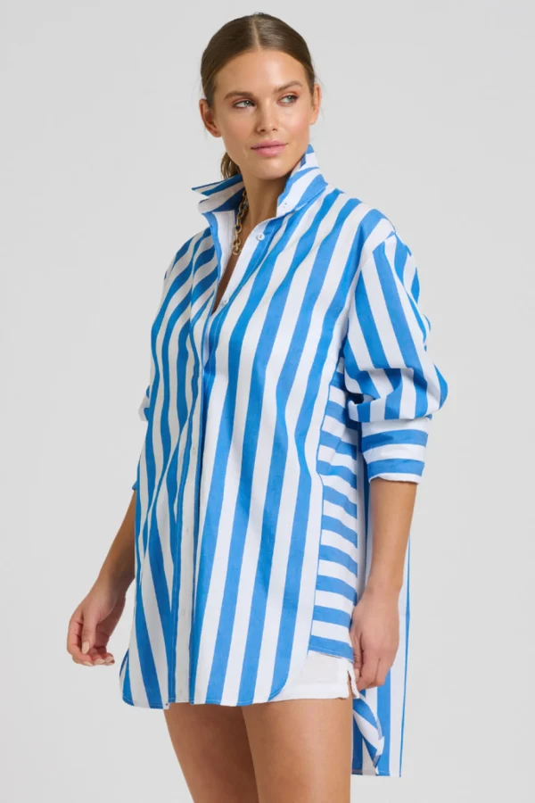 Shirty Andrea Oversized Boyfriend Shirt- Mid Blue Stripe