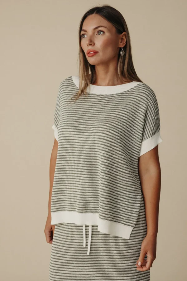 Talamaya Lattice Short Sleeve Pullover- Dusty Olive & Cream