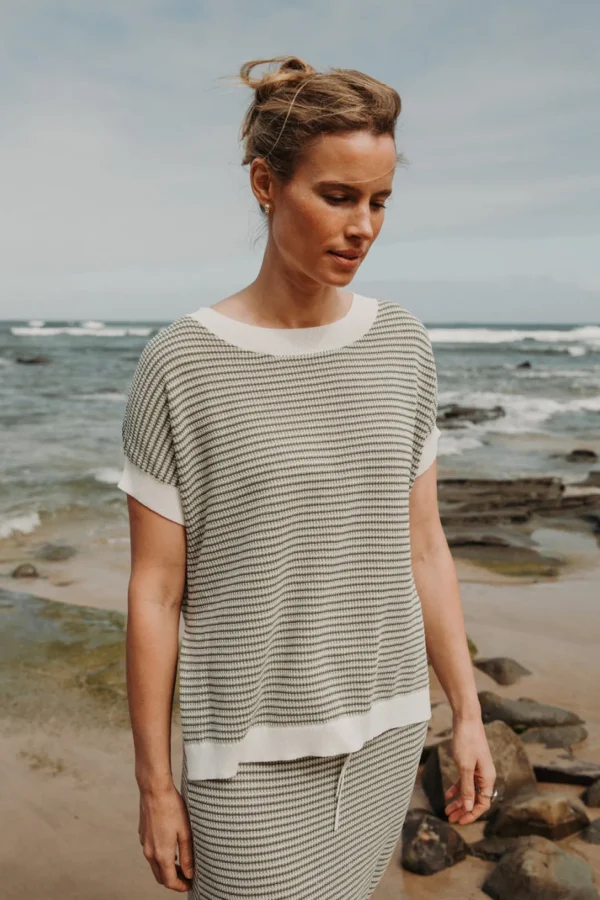 Talamaya Lattice Short Sleeve Pullover- Dusty Olive & Cream