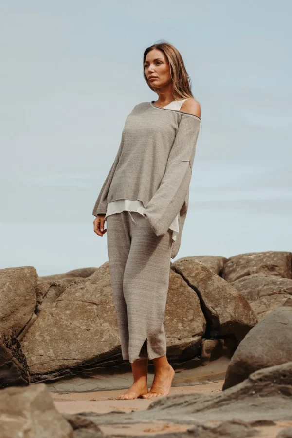 Talamaya Retreat Cotton Twist Pullover - Dusty Olive & White